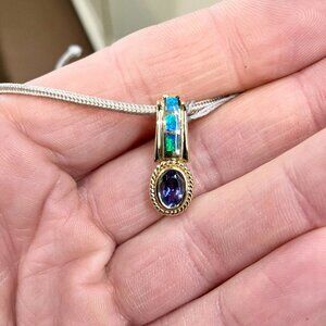 Tanzanite And Inlaid Opal Gold Pendant Chain Not Included